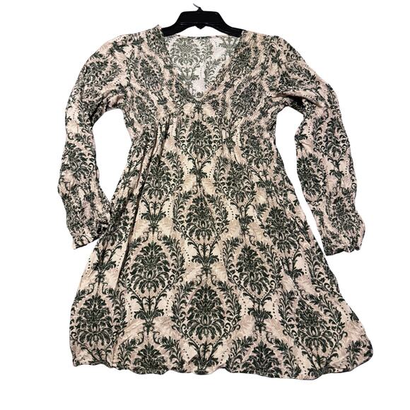 Cupshe Green Damask V-Neck Long Sleeve Mini Dress | Size Small Rayon Boho Chic - Picture 1 of 5
